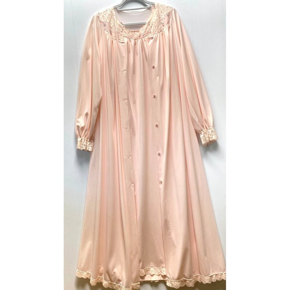 size M‎ pink Shadowline nylon vintage gown/robe set lace trim button front